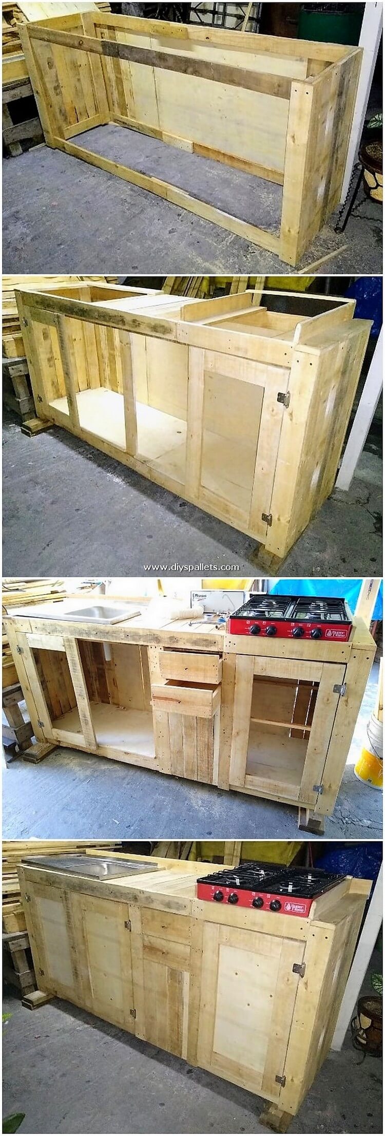 DIY Pallet Kitchen Island Table with Cabinets